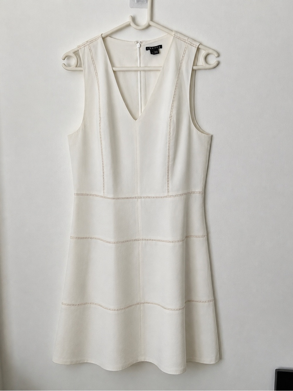 Theory White Sleeveless V-Neck A-Line Dress with Elastane